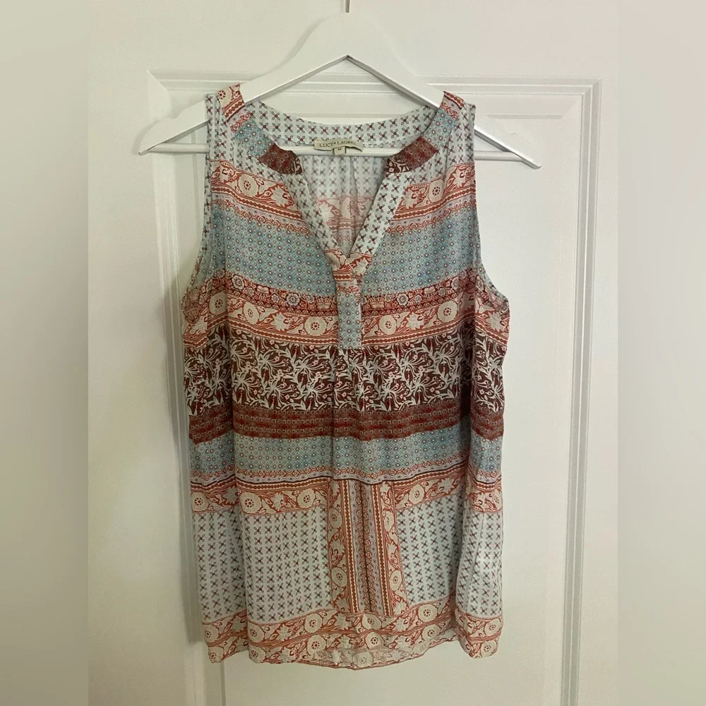Anthropologie Lucy & Laurel Brown and Blue Sleeveless Boho Blouse Size M - Picture 1 of 5